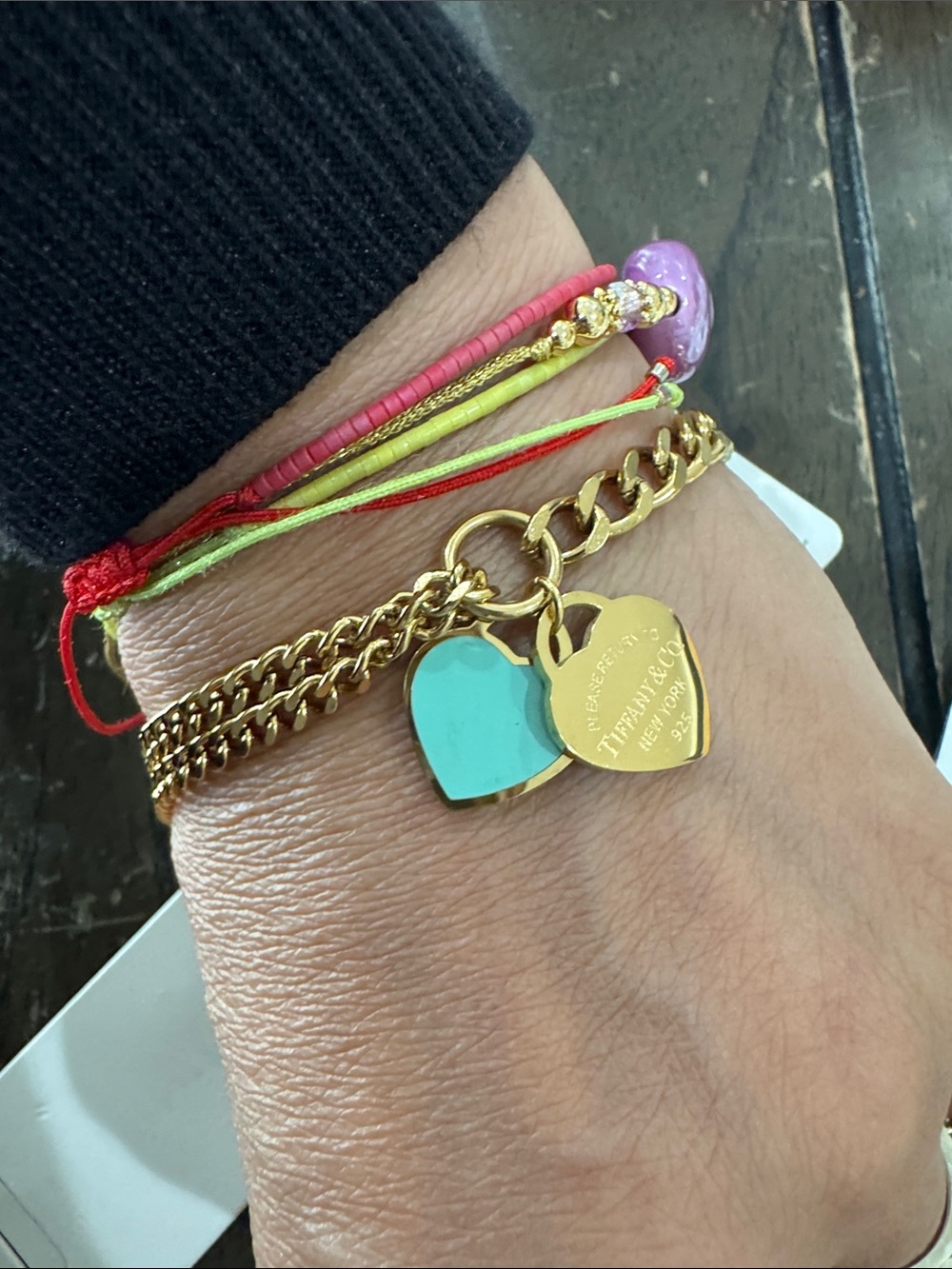 Gold Link Bracelet with Turquoise Enamel Heart Charm